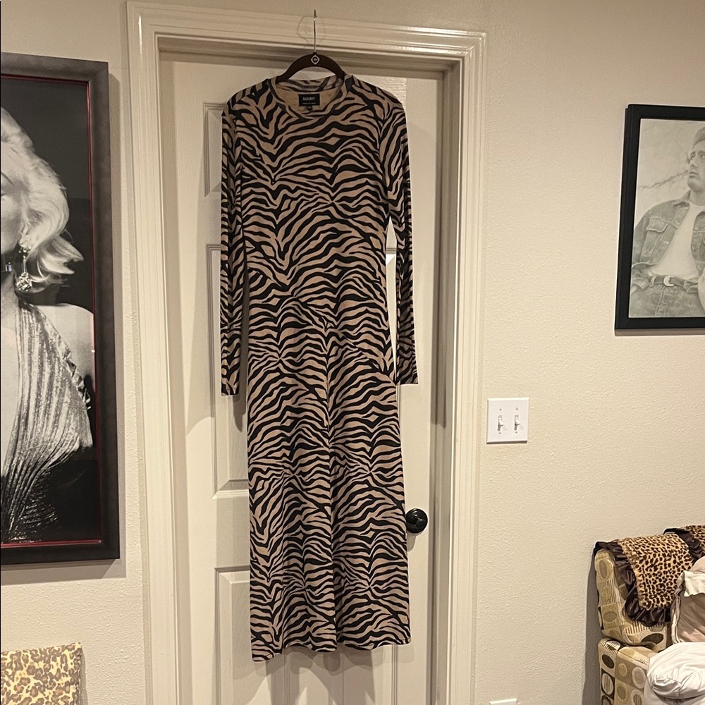 Bardot Long Sleeve Zebra-Print Midi Dress in Beige and Black